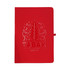 A red recycled journal with an embossed design and logo on the cover, featuring a ribbon bookmark.