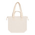 A cream tote bag with double handles and a front pocket, featuring a simple design and a logo on the side.
