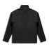 A black unisex softshell jacket, featuring a high collar and long sleeves, with a logo on the back.