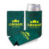 A green can cooler featuring a lemon design, holding a cold can, with a logo and bright yellow text.