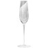 A clear glass champagne flute with a slender stem and etched design, featuring a branding logo.