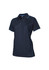 A navy short sleeve polo shirt featuring light blue trim and a logo on the chest.