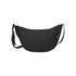 A black recycled waist bag with a curved design and an adjustable strap, featuring a branding logo.