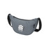A grey waist bag with a curved design, featuring a logo and an adjustable strap.