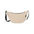 A beige waist bag featuring a black zipper and strap, designed with a simple, curved shape. It has a logo on it.