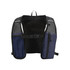A recycled running vest hydration pack in navy blue with mesh back and two zippered pockets. Includes a logo.