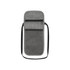 A grey travel pouch with multiple compartments, a mesh pocket, and a shoulder strap. It features a logo.