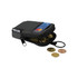 A small black pouch with a zipper, containing coins and a card, featuring a keyring attachment.