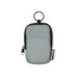 A small grey pouch made from recycled polyester, featuring a zip closure and a keyring attachment.