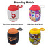 A collection of four Bluetooth speakers in various designs and colours, featuring silicone and fabric wraps. Each has a logo.