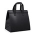 A black cooler bag with sturdy handles and a structured design, featuring embossed detailing and a smooth finish.
