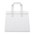 A white cooler bag with two sturdy handles, featuring a simple design and a logo.