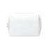 A white toiletry bag with a zipper closure and a logo. Compact and rectangular in shape.