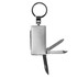 A silver multi-tool keyring featuring multiple small tools and a keyring attachment.