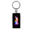 A multi-tool keyring in black with a colourful logo, featuring a metal keyring attachment.