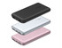 A set of three power banks in black, silver, and rose gold, featuring USB ports and a logo on each.