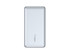 A silver power bank with a sleek design and a logo, featuring a USB cable.