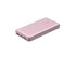 A pink power bank with two USB ports and a USB-C port, featuring indicator lights and a smooth finish.