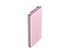 A pink power bank with two USB ports and a logo, featuring four indicator lights.