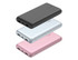 A stack of three power banks in black, silver, and pink, featuring multiple USB ports and a logo.