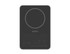 A slim black power bank with a circular magnetic charging area and a logo.