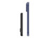 A slim power bank in black and navy blue, showcasing its side profile and edges. Contains a logo.