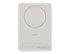 A slim white power bank with a circular magnetic area and branding on the back.