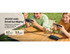A power bank with integrated cable, featuring a sleek black design. It includes a logo and is placed on a table with two people using phones.