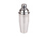 A drink bottle in a sleek silver finish, featuring a classic cocktail shaker design with a lid and logo.