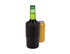 A drink bottle in black with a green bottle and a yellow can beside it. The bottle features a logo.