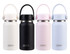 A drink bottle set featuring four insulated mini bottles in white, black, pink, and light blue, each with a handle and a logo.