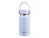A drink bottle in light blue with a stainless steel lid and an attached handle, featuring a logo.