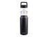 A drink bottle in matte black and transparent plastic, featuring a chug spout and a carrying handle. Includes a logo.