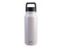 A drink bottle in a matte white finish with a black lid and handle, featuring a logo on the front.