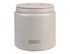 A food flask with a quick-release lid and spork, in a light beige colour, featuring a logo.