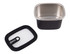 A stainless steel rectangular container in black with a clear and black lid, featuring a logo.