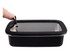 A rectangular stainless steel container with a black lid, featuring a handle for easy lifting.