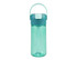 A drink bottle featuring a teal lid and a transparent mint green body, with a handle and a logo.