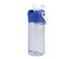 A drink bottle made of clear Tritan material with a blue lid and a flip-top spout. It features a straw and a logo.