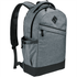 A grey laptop backpack with multiple compartments, padded straps, and a side pocket. Features a logo.