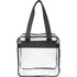 A clear zippered tote bag with black straps, showcasing a see-through design and a square shape.
