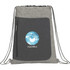 A grey and black drawstring bag featuring a zipper pocket and a logo on the front.