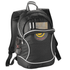 A black backpack featuring a front pocket with pens and a map, and a side mesh pocket. It has a logo.