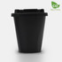 A drink bottle in a sleek black design with a lid and rounded base. Features a logo.