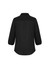 A black women's blouse featuring a 3/4 sleeve design and a back pleat detail. It has a collar and a simple, elegant style.