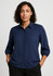 A navy blue women's blouse with 3/4 sleeves, featuring a button-down front and a collar.