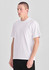 A white men's box tee displayed on a model, featuring a simple design and short sleeves.
