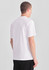 A white box tee shirt displayed from the back, featuring a simple design and a logo on the side.