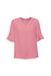 A pink fluted sleeve blouse with a V-neck design, featuring a simple and elegant style. It has a branding logo.