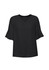 A black fluted sleeve blouse with a V-neck design. The blouse features stylish ruffled sleeves and has a logo.